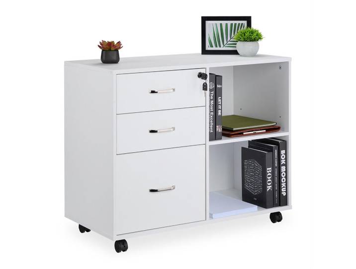 Relaxdays Rollcontainer Weiß abschließbar auf Rollen, Kunststoff, 1 Fächer, 3 Schubladen, 80x66x40 cm, Büromöbel, Schreibtischcontainer, Rollcontainer