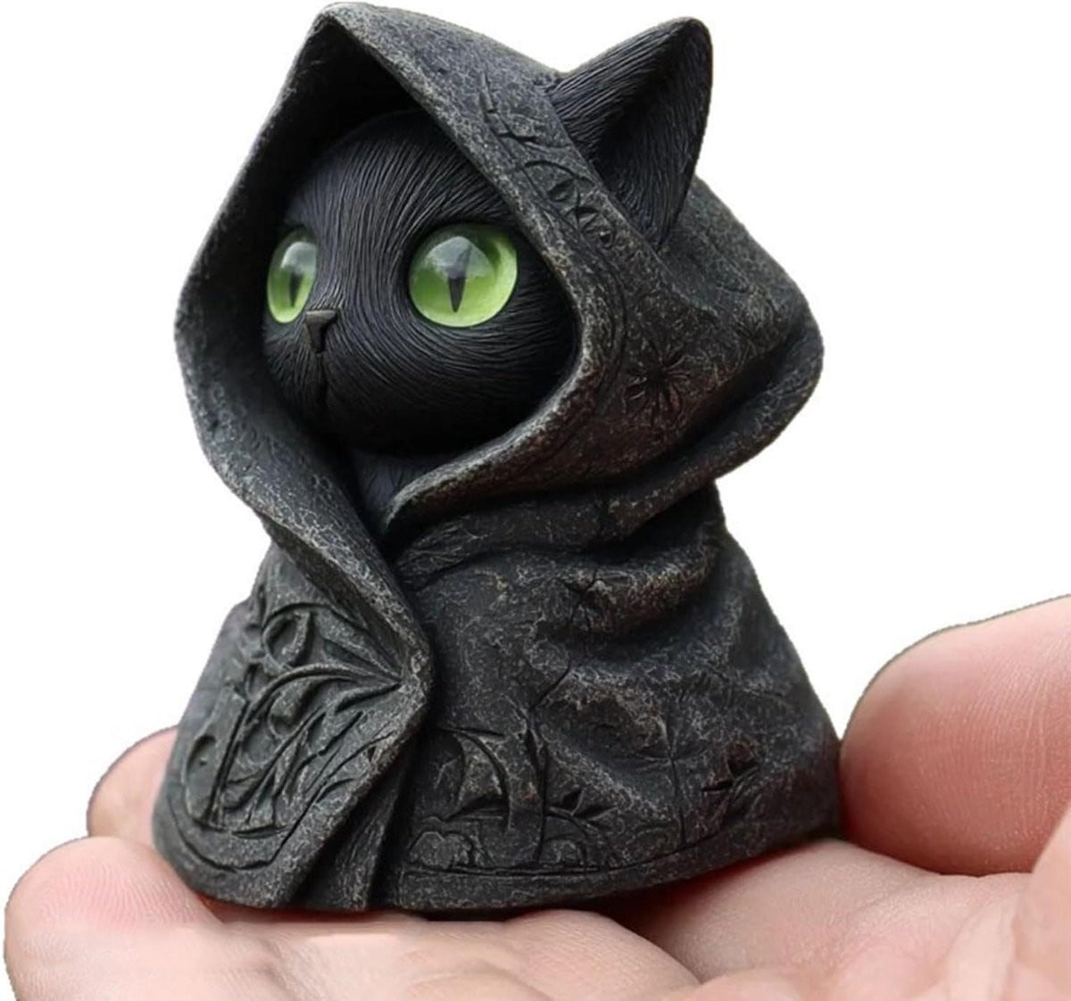 Zwart Kat Beeldje met Smaragdgroene Ogen - Gothic Kat van Hars - Huisdecoratie - 8 cm