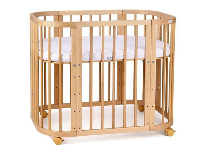 waldin Babybett 5in1, Beistellbett aus Holz, Matratze, Belüftet, Natur Belüftet, Boden 5-fach verstellbar, Mitwachsend, Wiegefunktion optional