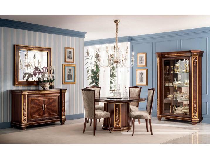 Xlmoebel Essgruppe Vitrine, Tisch, Kommode, Spiegel und 4 Stühle Set, (Essgruppe, 8-tlg., Vitrine, Tisch, Kommode, Spiegel & 4 Stühle), Made in Europa