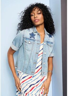 Plus Size Women's Embellished Short-Sleeve Stretch Denim Jacket by Roaman's in Embellished Stars (Size 32 W)