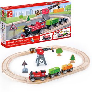 Hape E3731 Frachtlieferung-Eisenbahn, Kreis, aus Holz, mit Batterielok und Kran, 19 Teile