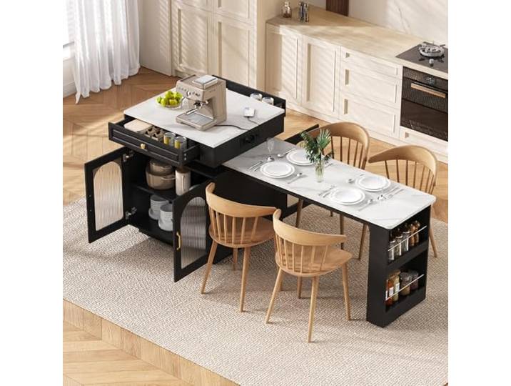 DUlVBPE Kücheninsel mit Rollen, Ausziehbarer Esstisch mit LED-Beleuchtung, Bartisch mit Steckdosenleisten, dient als Kücheninsel, Anrichte, Sideboard oder Bartisch für Küche und Esszimmer (Schwarz)