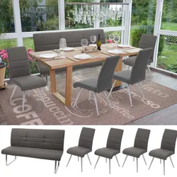 Set 4x Esszimmerstuhl+Sitzbank HWC-G55, Bank Küchenstuhl Stuhl, Stoff/Textil Edelstahl ~ grau-braun Bank 180cm