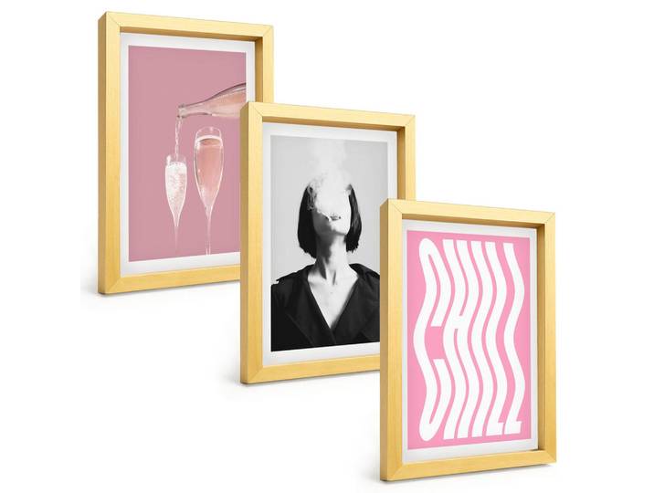 Tulup Bilder SET 3er Set - 20x30 cm Goldrahmen - Stilvolles Porträt, Champagner-Entspannung, Goldfarben, Kunststoff, Rechteckig, 20x30 cm, einfache und schnelle Anbringung, Bilder & Rahmen, Bilder