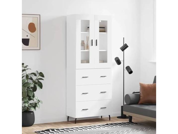 HEFZGDB Weißes Highboard fürs Wohnzimmer - Stilvolles Highboard mit viel Stauraum - mit Türen zur Aufbewahrung aus Holzwerkstoff mit Metallfüßen