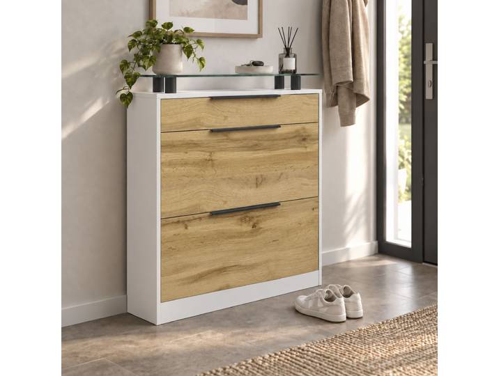 Schuhschrank BORCHARDT MÖBEL Tom, Schuhkipper mit Glasablage und Metallgriffen , braun (wotan eiche), B:89cm H:104cm T:24cm, Holzwerkstoff, Schränke, Schuhschrank, stehend