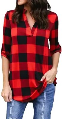 Lush Living Finds Plaid Breeze V Neck Summer Tee For Women Casual Beach Shirt red m
