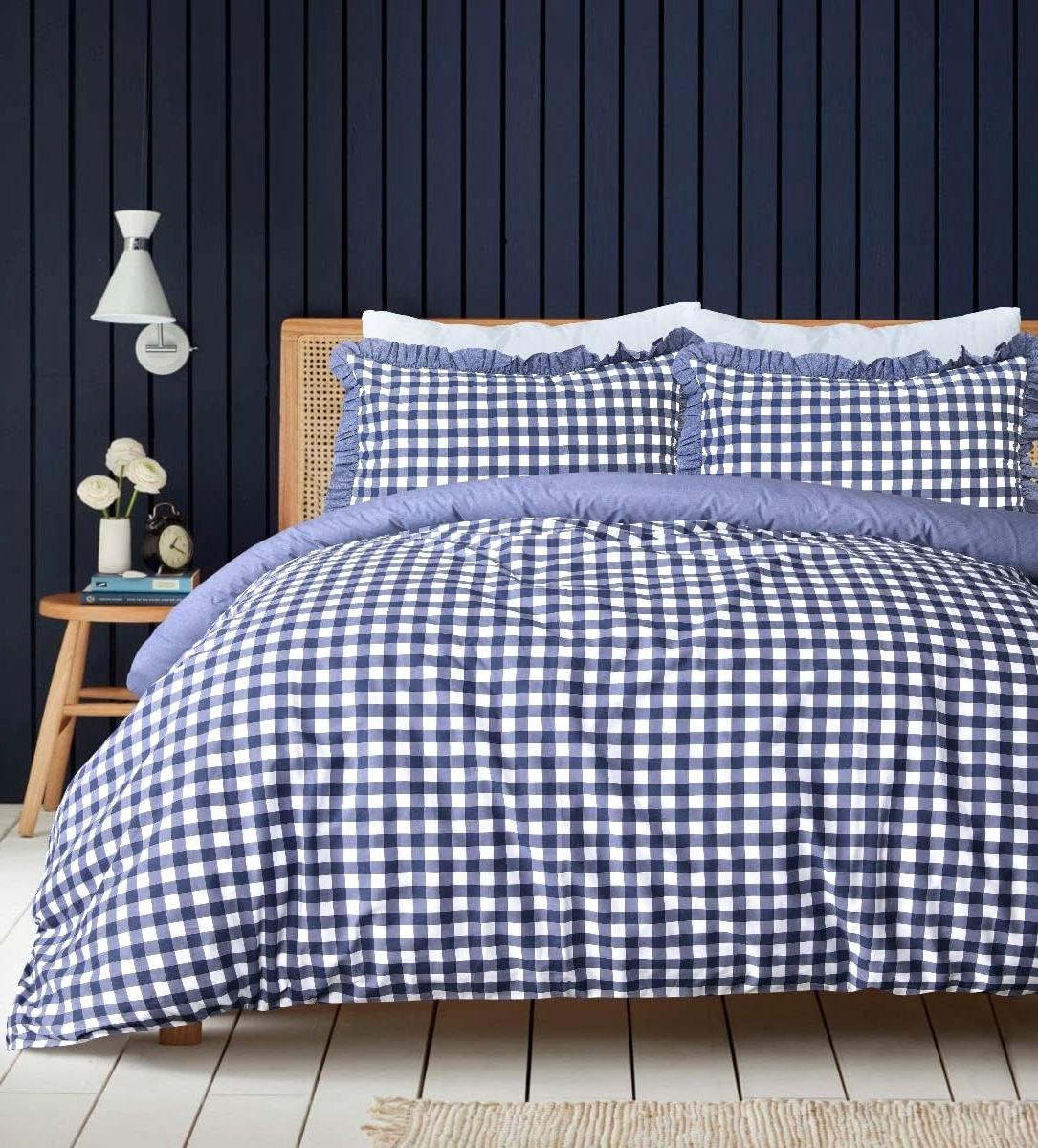 Omkeerbaar Gingham Dekbedovertrek Set Blauw - 200 x 200 cm
