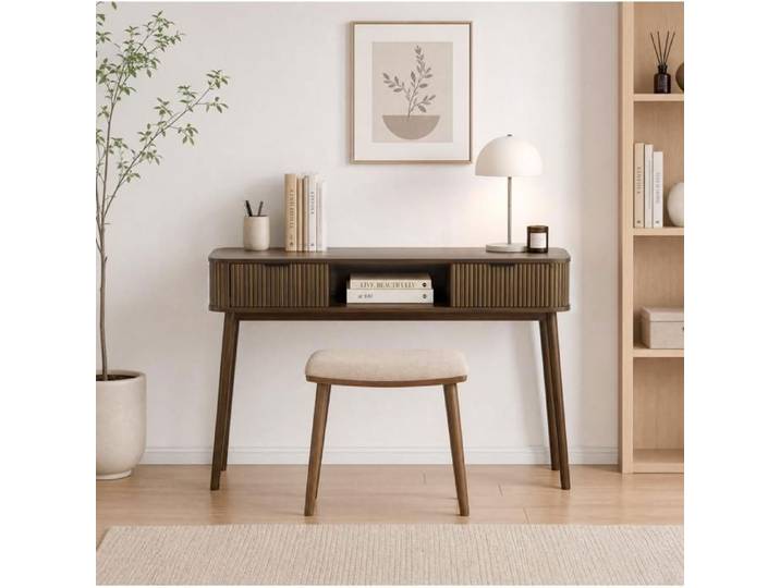 MEUBLIV Console style mid-century 2 tiroirs et niche ouverte finition noyer 120 cm
