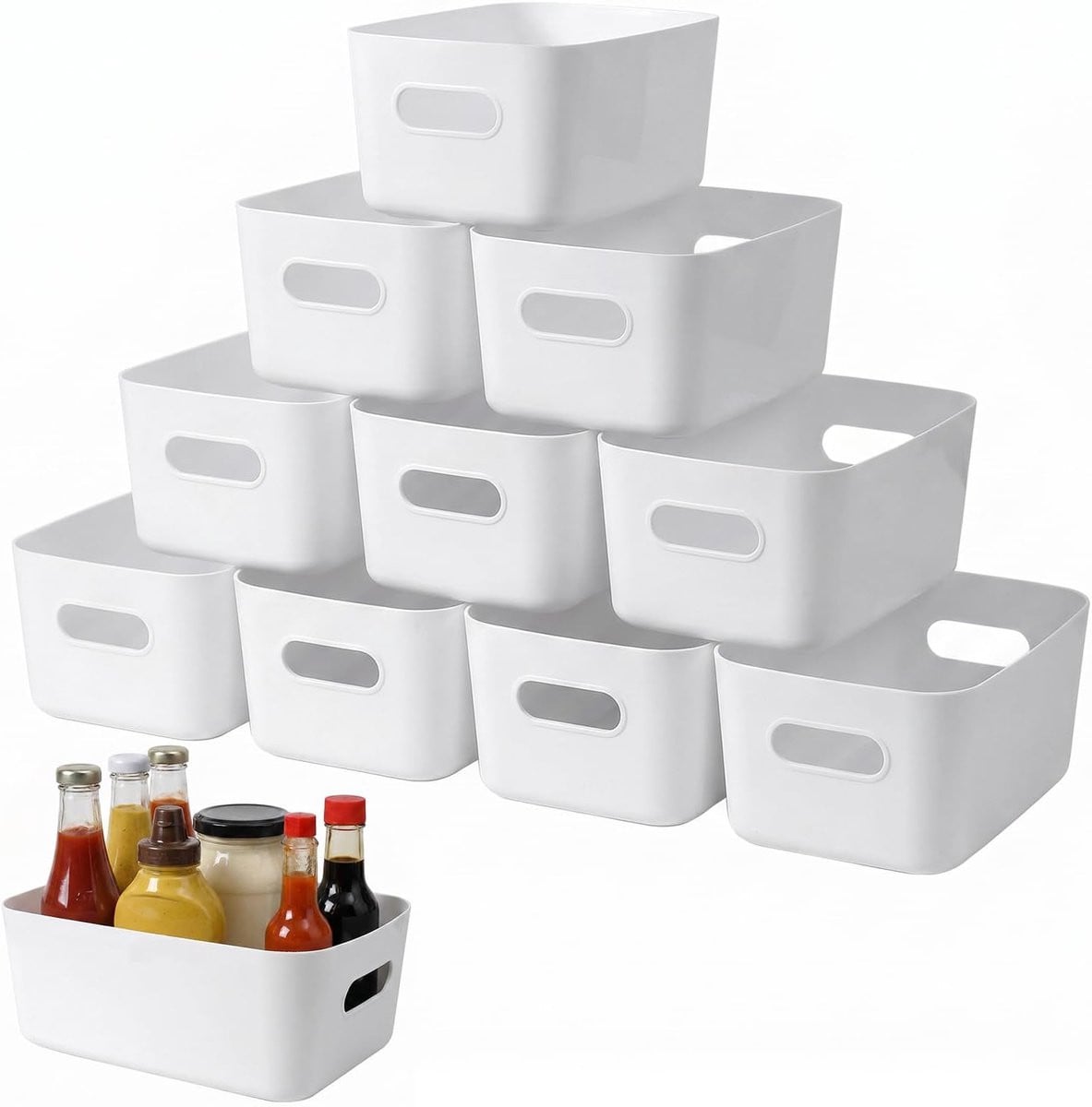Vexaflow Set van 10 multifunctionele kunststof opbergmanden met handvatten voor keuken, badkamer en kantoor