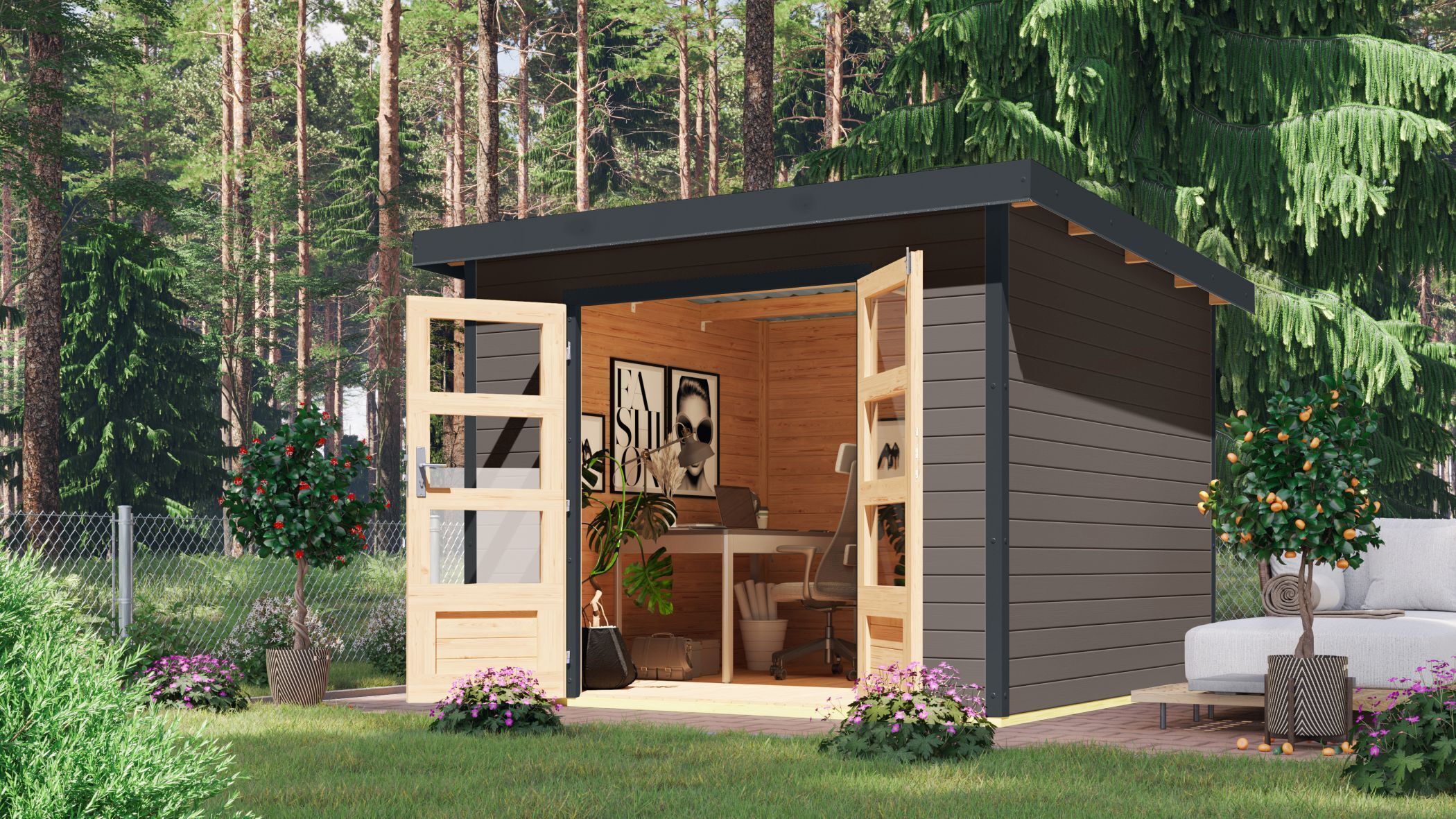Karibu Gartenhaus Hybridhaus Metall Pluto 6 terragrau 271x271x218,5 cm