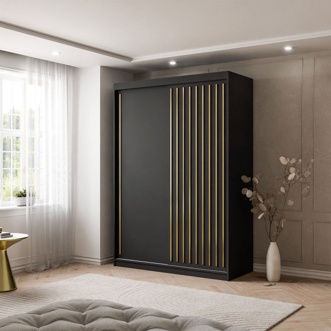 Metro Sliding Wardrobe AURIS with Gold Strips Black Matt 215cm H X 150cm W X 59cm D