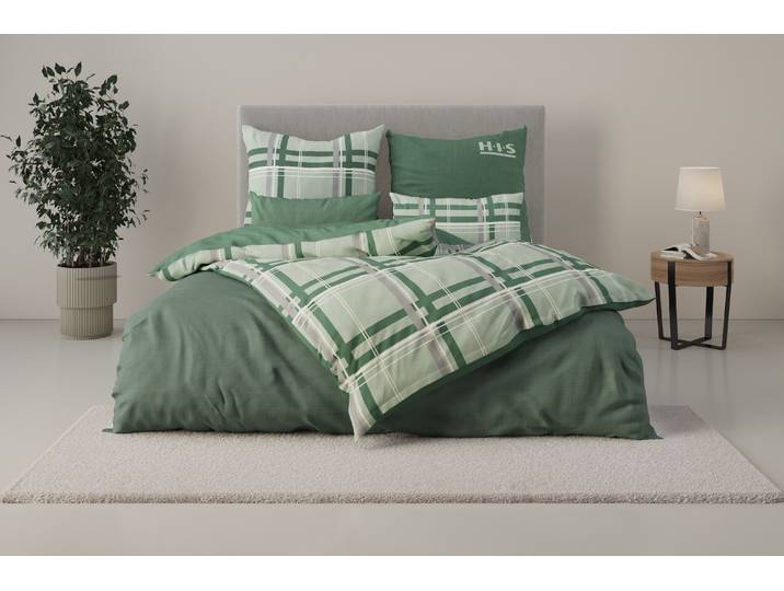 Wendebettwäsche GOODPRODUCT Talin , grün, B/L: 135cm x 200cm, 1 Stk., 1 Stk., Linon, B/L: 80cm x 80cm, 2 Stk., Linon, Obermaterial: 100% Baumwolle, Bettwäsche, Wendebettwäsche, ab Gr. 135x200, 100% Baumwolle, Karo-Design, Marke H.I.S. by GOODproduct