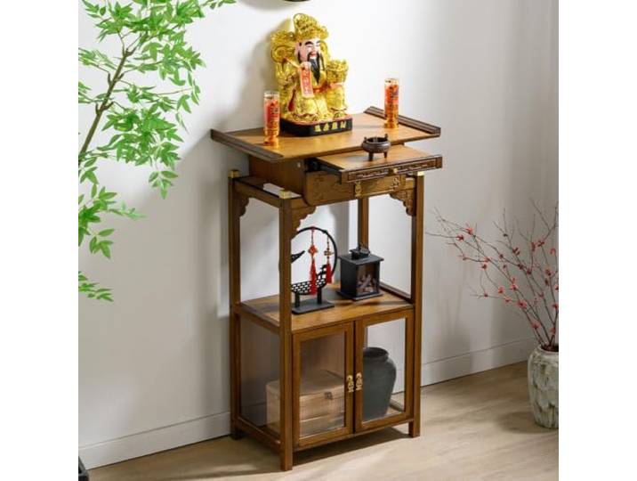 Altartisch Holz mit Ausziehplatte, Schublade & Schrank, Meditationsaltar Für Buddha-Statue und Kultfiguren, Meditationsraum, Heimaltar, Gebetsraum, Opfertisch, Räuchergefäße