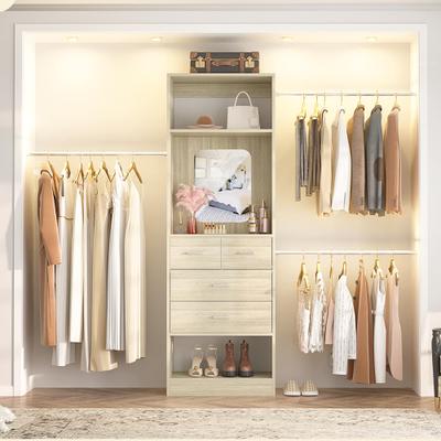 Rackcog "25'' - 96"" W Closet System with 4 Wooden Drawers and Mirror, Walk-in Closet Organizer Kits with 3 Extendable Hanging Rods"