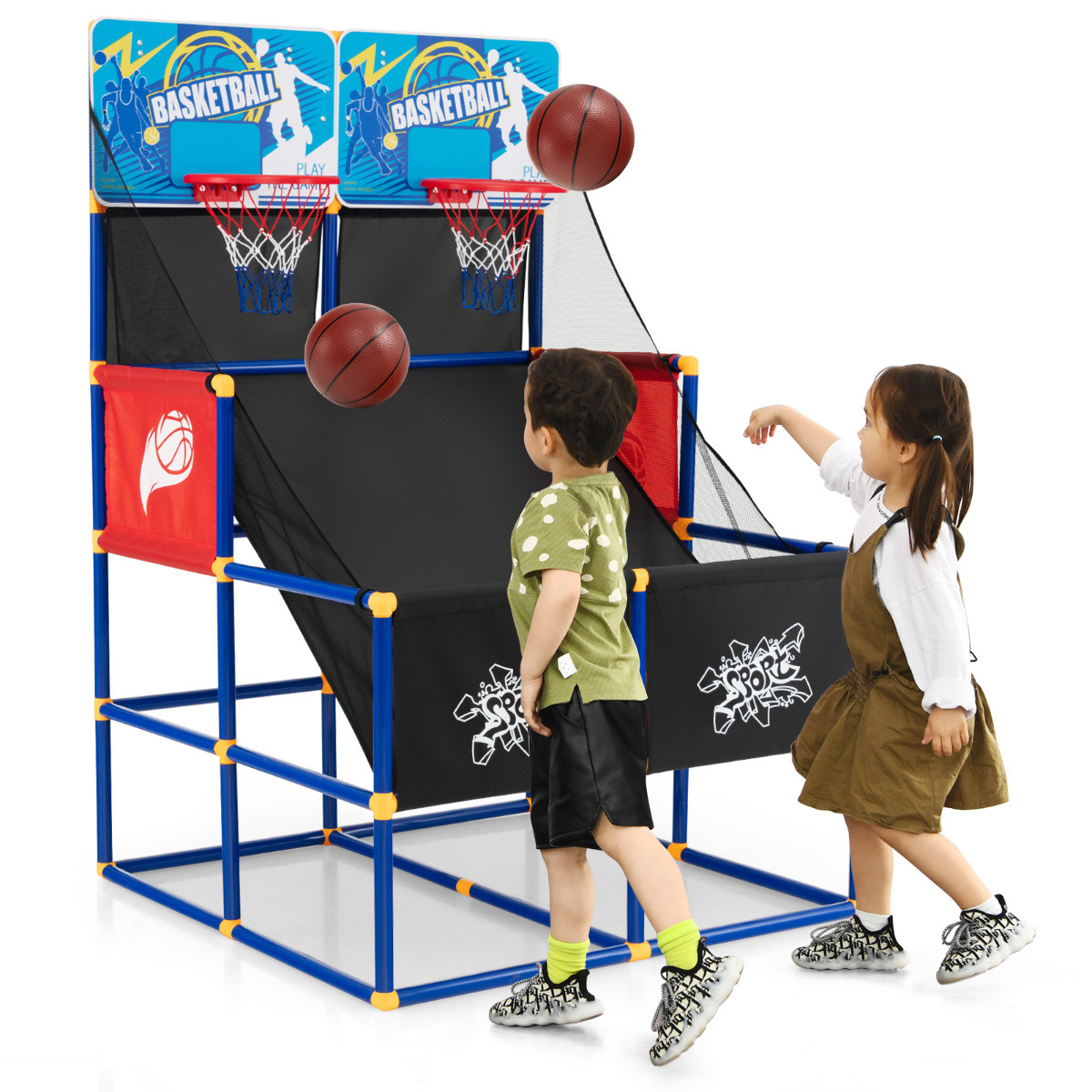 Costway Basketbal Arcade Spel voor Kinderen met 2 Manden, 4 Ballen en Pomp