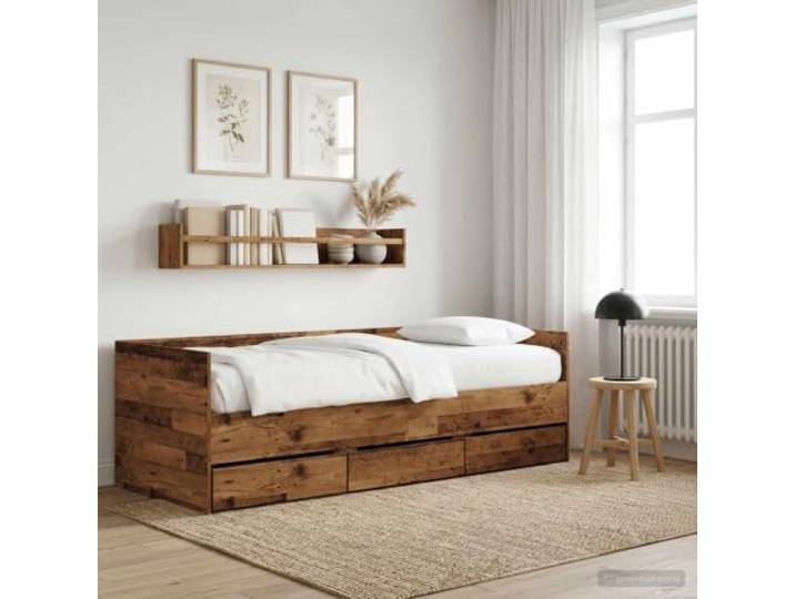 RJPLMFV Beistellbett mit Schublade, Antikholz Holzwerkstoff, fester Lattenrahmen, integrierte Schubladen, Designer-Kopfteil, pflegeleicht