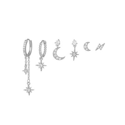 Vergoldetes, nicht übereinstimmendes Ohrringset mit Stern und Mond für Damen – zierliche Ohrstecker und Ohrhänger mit himmlischem Zirkonia für Modepartys, Geschenke und den Alltag