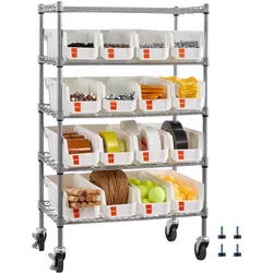 VEVOR Standregal, Lagerregal mit 5 Ebenen & 16 Stapelboxen, Bücherregal Küchenregal mit Rollen, Fahrregal für Garage, Lager, Büro, Restaurant, Klassenzimmer, Küche, 610x355x1065 mm