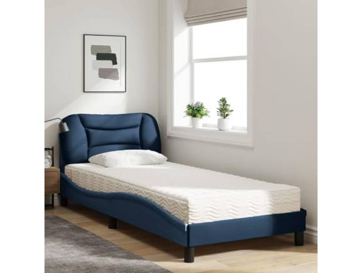KTHLBRH Bett mit Matratze Hvar Blau 90 x 200 cm aus Stoff Lattenrost inklusive, PU-Schaum 22D, Härte H2 und H3, gewelltes Design