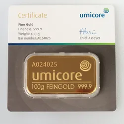 Goldbarren 100g UMICORE Blister mit Zertifikat
