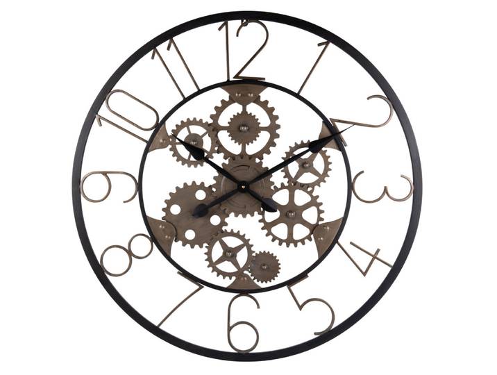 Wanduhr mit Zahnrädern aus schwarzem Stahl und Rosteffekt, D80 cm