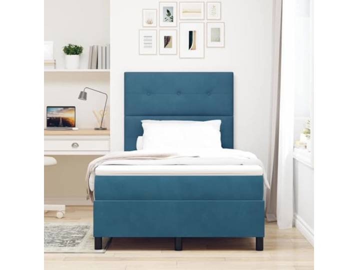 KTHLBRH Boxspringbett dunkelblau 120 x 190 cm aus technischem Holz Kopfteil verstellbar, 2 Höhen, Taschenfedern, mittlere Unterstützung, max. 280 kg