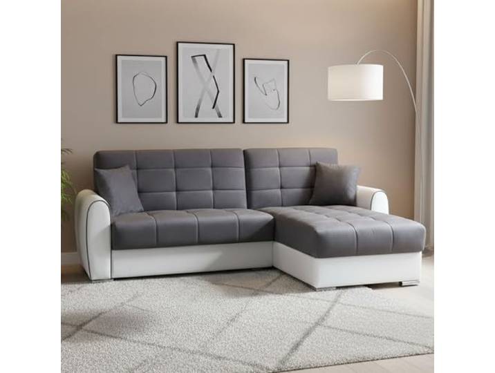 Dmora - Schlafsofa mit Halbinsel Jesus, Sofa aus Kunstleder und Stoff, wendbares Halbinsel, 246 x 160 x 91 cm, Weiß und Grau