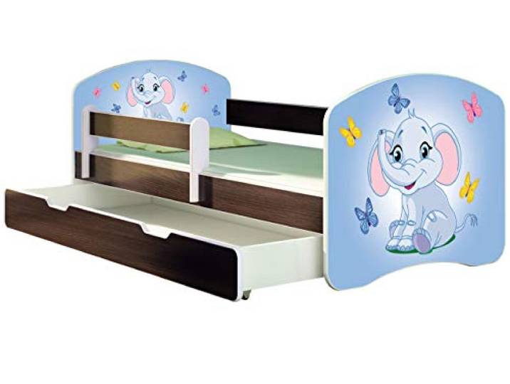 ACMA Kinderbett 140x70 Jugendbett mit Einer Schublade und Matratze, Farbe Wenge, Rausfallschutz Lattenrost II Spielbett Kinderzimmer Möbel, 26 Elefant