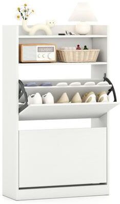Costway Shoe Storage Cabinet Hidden Shoe Rack with 2 Flip Drawers Adjustable and Removable Shelves-White