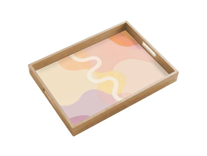 OnlyWow Tablett - Gewellte Formen - Abstrakt - Pastell - 50x35 cm, Beige, Holz, Echtholz,Eiche, Rechteckig, 50x5x5 cm, Geschirr, Tischkultur & Serviergeschirr, Tabletts
