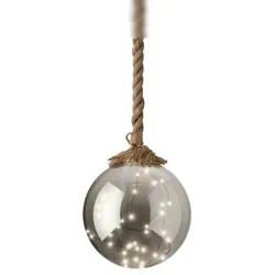 Lumineo LED Glaskugel mit Seil 19cm Hängedeko Timer 6h Batteriebetrieben Innenbeleuchtung 40 Lichter Klassisch Warm Grau