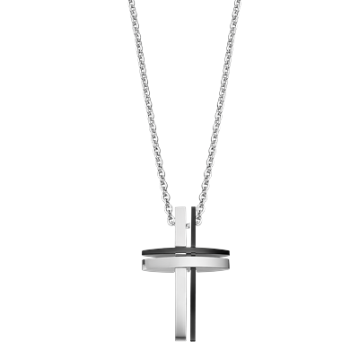 Kette mit Anhänger LOTUS "Temptation Game - Kreuz", silber (edelstahlfarben, schwarz), Halsketten, Herren, Edelstahl, L: 50