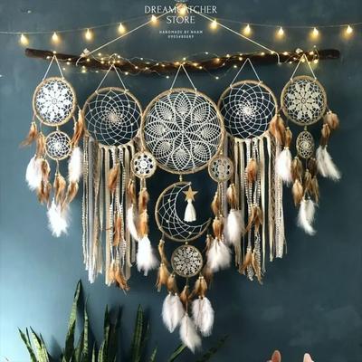 Uplifted Finds 5 Piece Celestial Macrame Dream Catcher Set   Boho Moon & Star Wall Hangings camel