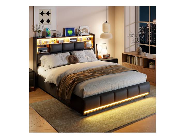 Simurq Polsterbett Polsterbett mit Kopfteil‑Stauraum, LED & USB‑Anschluss, Hydraulik‑Stauraum, LED, USB, Ablagefächer