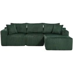 OKWISH Modulares Sofa 2-Sitzer + Chaiselongue, Cordstoff, 5 Kissen, Cupholder, Seitentaschen, pflegeleicht, sofort einsatzbereit, Smaragd, 160x250 cm