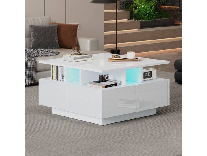 Table basse salon 70x70x40cm brillante LED 4 tiroirs design géométrique blanc charge 30kg