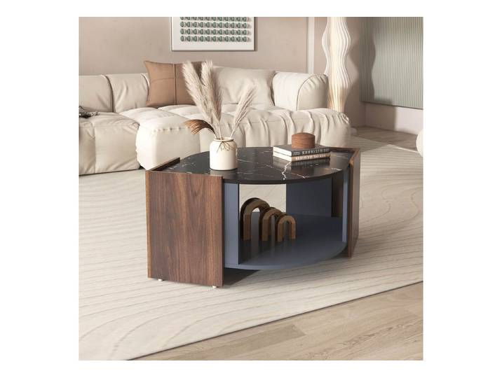 BBWL Couchtisch mit schwarzer Marmoroptik & Walnussdekor (96,5x63x40 cm, mit Ablagefach, elegantes Design für Wohnzimmer, kontrastreiche Materialien)