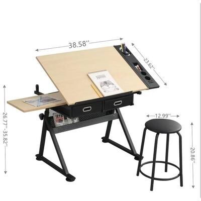 Garvee Adjustable Artist Drafting Table with Stool Drawers Tiger Skin Wood