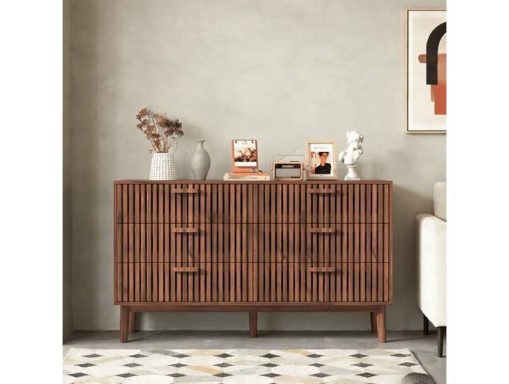 Commode avec 6 Tiroirs COMANLAI Commode Chambre avec pieds et poignées en bois Buffet Moderne pour salon couloir Bois foncé