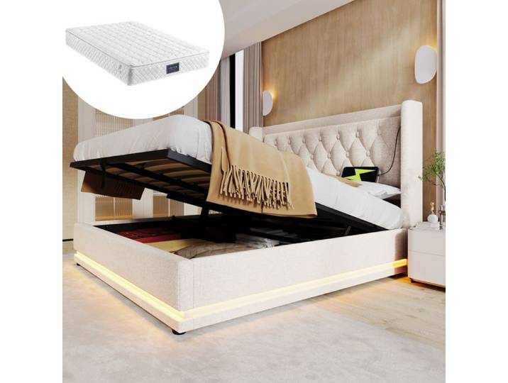 Lit double rembourré - 160x200 cm - Beige - Rangement hydraulique - Matelas inclus