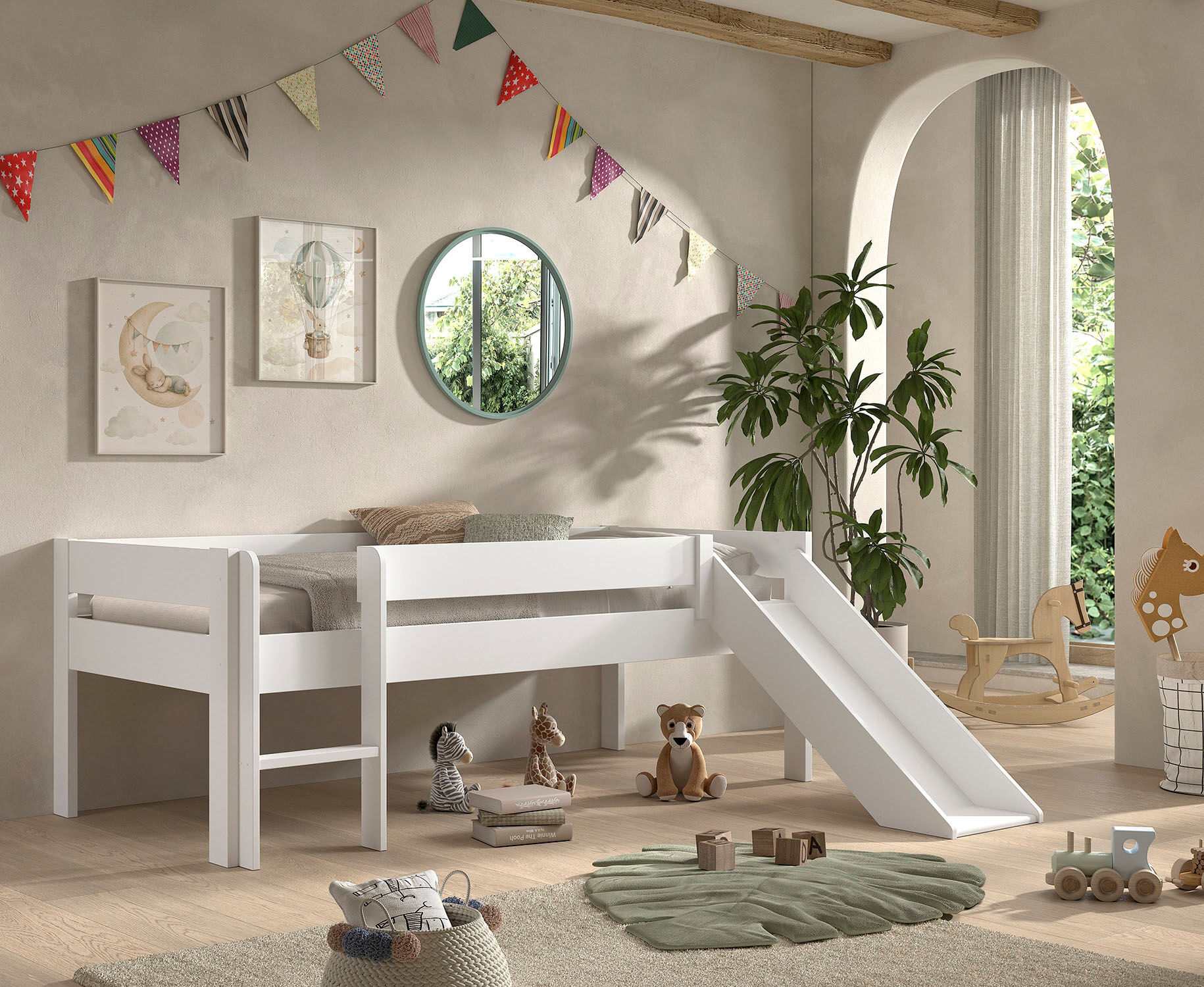 Spielbett VIPACK "Primo, mit umlaufendem Absturzschutz, niedriger Bauhöhe", weiss (weiß, weiß, weiß), B:104,5cm H:78cm L:206,1cm, Betten, Spielbett, Kiefer weiss inkl. Rolllattenrost, wahlweise ohne oder mit Rutsche weiß, weiß, weiß Liegefläche Länge B: 2