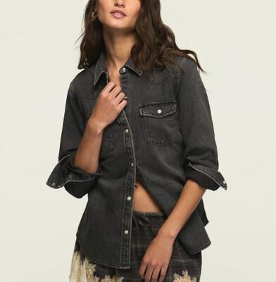 Lucky Brand Denim Western Shirt - Women's Clothing Outerwear Jean Denim Jackets in Fetching, Size XL