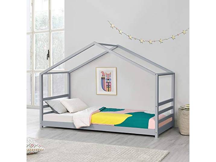 [en.casa] Kinderbett 'Vardø' mit Lattenrost 90 x 200 cm Hausbett Bettenhaus Jugendbett Holz Grau