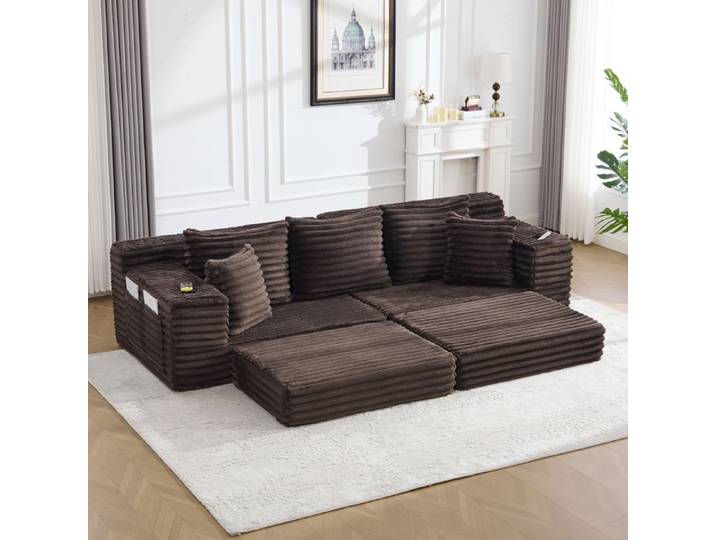 Canapé Convertible Modulable avec Dossier Haut Poches et Porte-Gobelets Tissu Côtelé Marron Café - UVRION