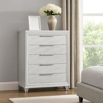 Benjara Mory Tall Dresser Chest, 5 Drawer, Embossed Herringbone Pattern, White
