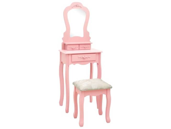 HKQWPBF Schminktisch-Set mit Hocker Rosa 50x59x136 cm Paulownia-Holz 3 Schubladen, eingelegter Spiegel, gepolsterter Hocker, geschwungene Beine, zeitgemäßes Design