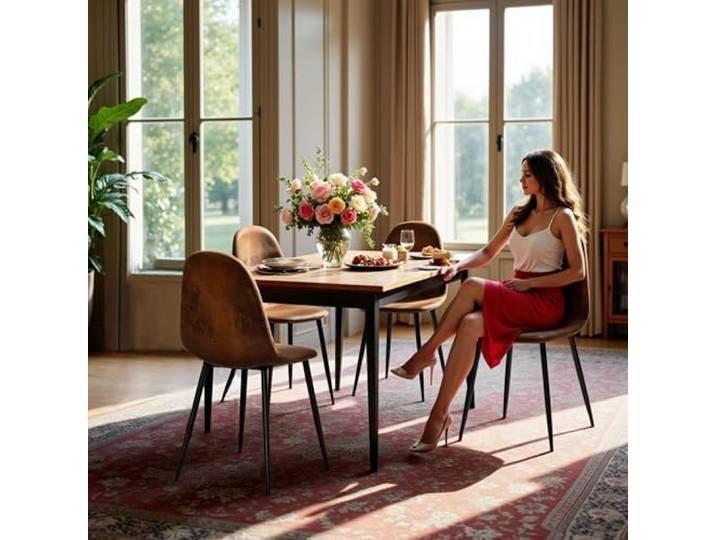 FurnitureR Esszimmerstuhl Set 4er - Braunes Veloursimitat, Bequem gepolstert, Kreuzfuß Metall, Moderne Essstühle für Küche & Tisch