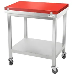 Edelstahl-Arbeitstisch 800x700 mm mit roter Schneidplatte auf Rollen PREMIUM - GOLDINOX